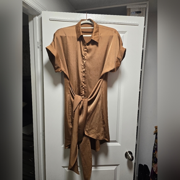 Satin Brown dress with tie-front detail - Picture 4 of 7